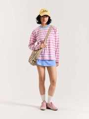 Pink & White Thick Striped Loose Fit Cropped T-Shirt